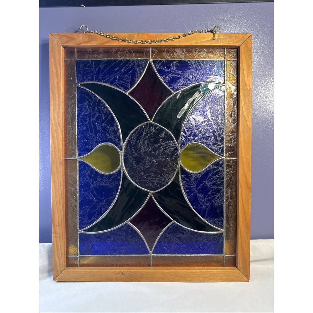 Handcrafted Stained Glass Window Panel 16x20 Framed Blue Glue-Chip Suncatcher